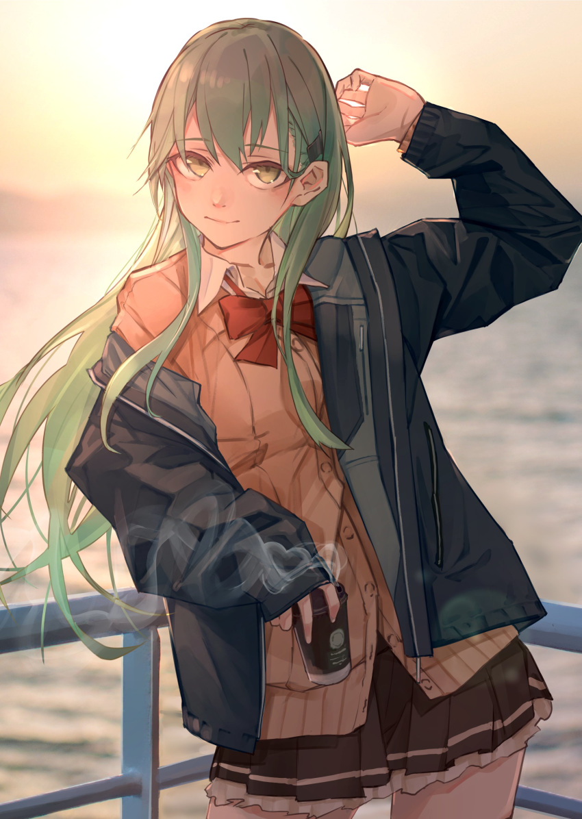 1girl absurdres aqua_eyes aqua_hair black_jacket black_skirt brown_cardigan cardigan commentary_request cowboy_shot cup disposable_cup hair_ornament hairclip highres jacket kantai_collection kumanoko long_hair looking_at_viewer ocean outdoors pleated_skirt railing skirt solo standing sunset suzuya_(kantai_collection)