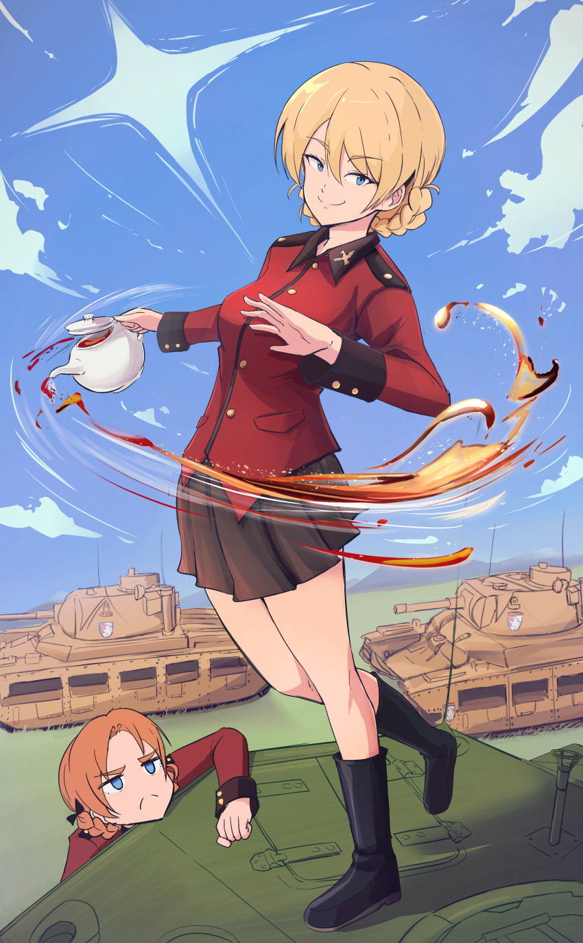 2girls absurdres blonde_hair blue_eyes braid breasts caterpillar_tracks churchill_(tank) clouds commentary_request darjeeling_(girls_und_panzer) day emblem girls_und_panzer grass ground_vehicle highres matilda_(tank) military military_vehicle motor_vehicle multiple_girls nico_jiang orange_hair orange_pekoe_(girls_und_panzer) skirt sky smile st._gloriana's_(emblem) st._gloriana's_military_uniform tank tank_turret teapot