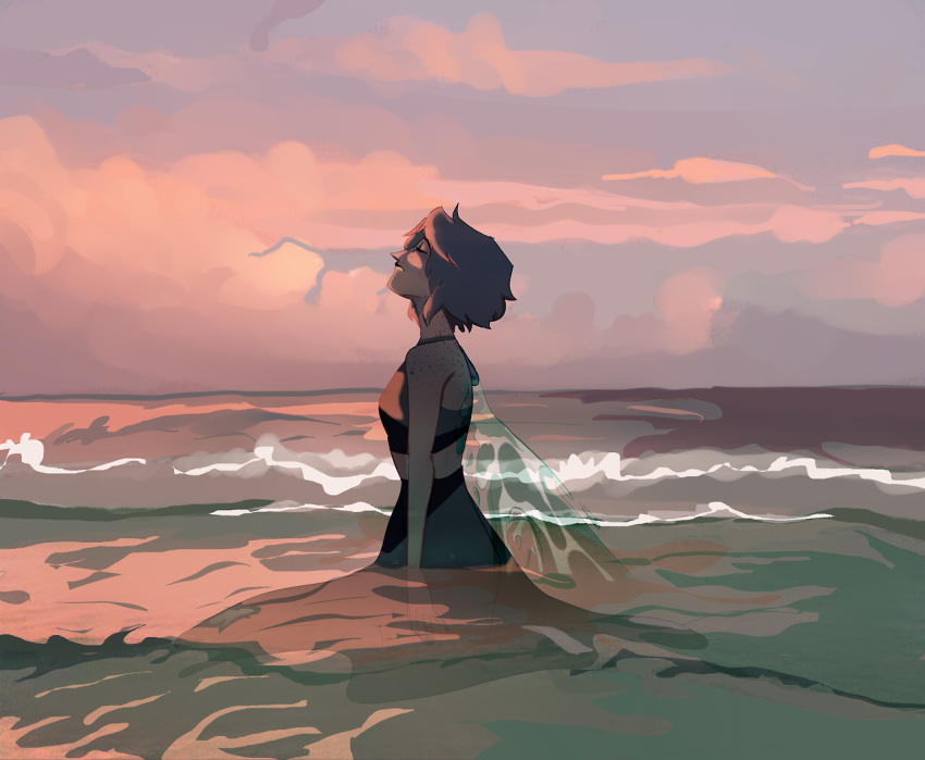 1girl bare_shoulders closed_eyes closed_mouth clouds cloudy_sky evening freckles from_side lapis_lazuli_(steven_universe) liquid_wings long_skirt micheamich ocean outdoors profile short_hair skirt sky sleeveless solo steven_universe third-party_source wading wings