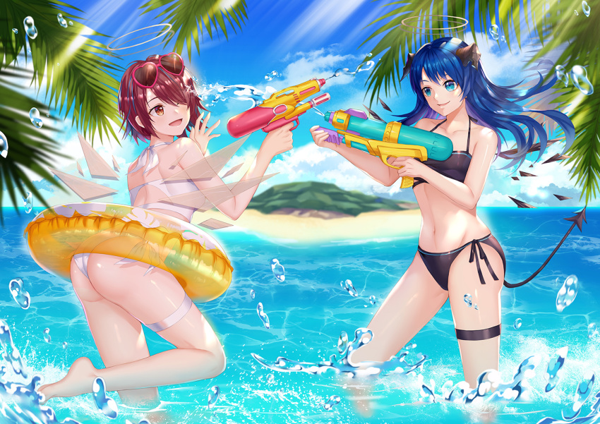 2girls ;d arknights ass bangs bare_arms bare_shoulders barefoot bikini black_bikini blue_eyes blue_hair blue_sky brown_eyes chinese_commentary clouds commentary_request day exusiai_(arknights) eyebrows_visible_through_hair eyewear_on_head halo halterneck holding holding_water_gun horns innertube long_hair looking_at_another mostima_(arknights) multiple_girls one_eye_closed open_mouth outdoors redhead ryuu32 short_hair side-tie_bikini sky smile standing standing_on_one_leg sunglasses swimsuit tail thigh_strap thighs wading water water_drop water_gun white_bikini