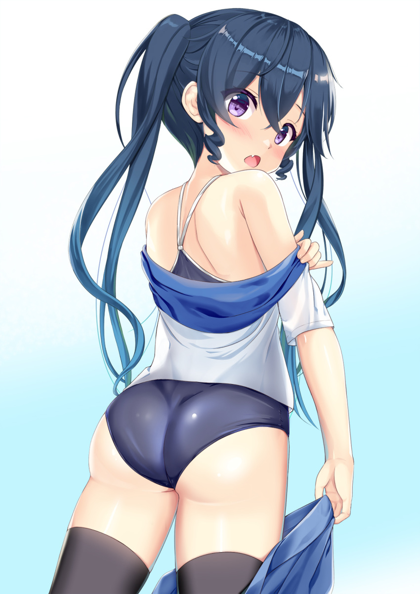 1girl bangs black_legwear blue_background blue_hair blue_skirt blue_swimsuit blush eyebrows_visible_through_hair fang from_behind gradient gradient_background gradient_hair hair_between_eyes highres long_hair looking_at_viewer looking_back migumi_(niiya) multicolored_hair niiya off_shoulder one-piece_swimsuit open_mouth original ringlets shirt short_sleeves sidelocks skirt skirt_around_one_leg solo standing swimsuit swimsuit_under_clothes thigh-highs twintails undressing very_long_hair violet_eyes white_background white_shirt