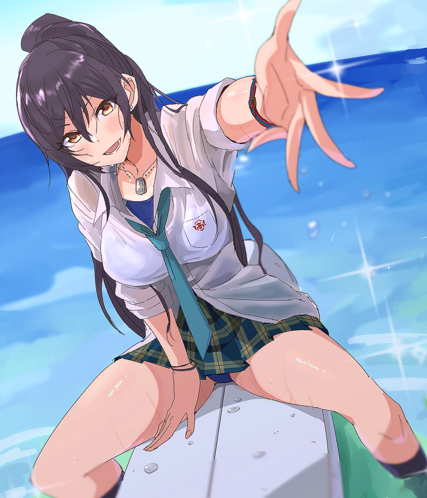 1girl black_hair blue_sky commentary_request dog_tags dutch_angle earrings green_neckwear hair_between_eyes high_ponytail highres horizon idolmaster idolmaster_shiny_colors jewelry kneehighs long_hair looking_at_viewer loose_necktie miniskirt necktie ocean ogasawara plaid plaid_skirt pleated_skirt ponytail reaching_out school_uniform shirase_sakuya sitting skirt sky sleeves_rolled_up solo straddling surfboard swimsuit swimsuit_under_clothes thighs wet yellow_eyes