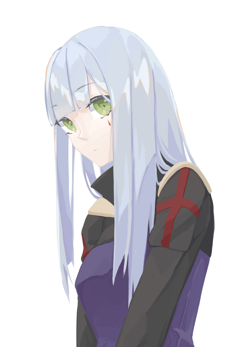 1girl absurdres blue_hair closed_mouth eyebrows_visible_through_hair facial_tattoo girls_frontline green_eyes highres hk416_(girls_frontline) jacket long_hair looking_at_viewer multicolored multicolored_clothes multicolored_jacket profile solo tattoo uniform white_background yueyue_no_hand