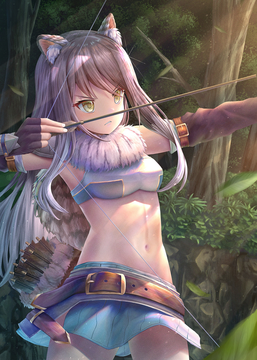 1girl aiming animal_ear_fluff animal_ears armor armpits arrow_(projectile) bandeau bangs belt black_gloves black_hair bow_(weapon) breasts brown_belt capelet commentary cowboy_shot eyebrows_visible_through_hair falling_leaves fingerless_gloves forest fur_capelet gauntlets glint gloves gradient_hair green_skirt groin highres holding holding_arrow holding_bow_(weapon) holding_weapon leaf light_rays long_hair medium_breasts midriff miniskirt multicolored_hair nature navel parted_lips princess_connect! princess_connect!_re:dive quiver shiori_(princess_connect!) shoulder_armor sidelocks skirt solo standing striped_tail sunbeam sunlight tail tamikko tiger_ears tree weapon yellow_eyes