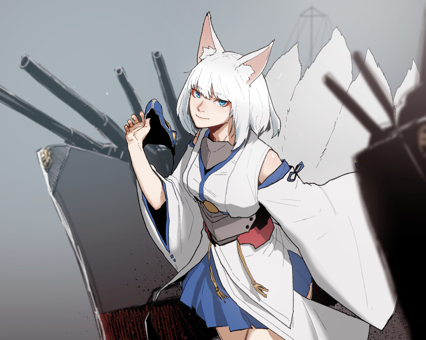 1girl animal_ears azur_lane blue_eyes blue_skirt cannon closed_mouth cowboy_shot eyeshadow fingernails fox_ears fox_mask fox_tail gogalking grey_background hand_up highres holding holding_mask kaga_(azur_lane) long_sleeves looking_at_viewer machinery makeup mask mask_removed medium_hair multiple_tails rigging skirt smile solo standing tail white_hair wide_sleeves