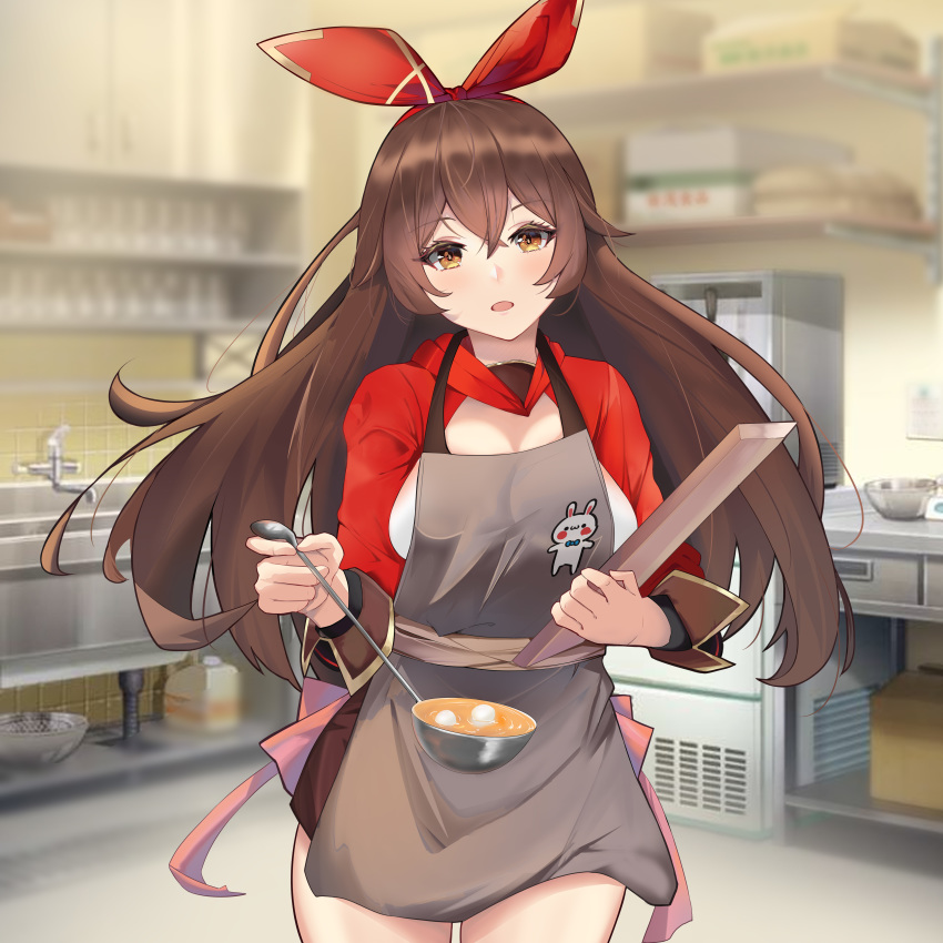 1girl absurdres amber_(genshin_impact) apron blush brown_eyes brown_hair genshin_impact hair_ornament highres ladle long_hair looking_at_viewer open_mouth solo