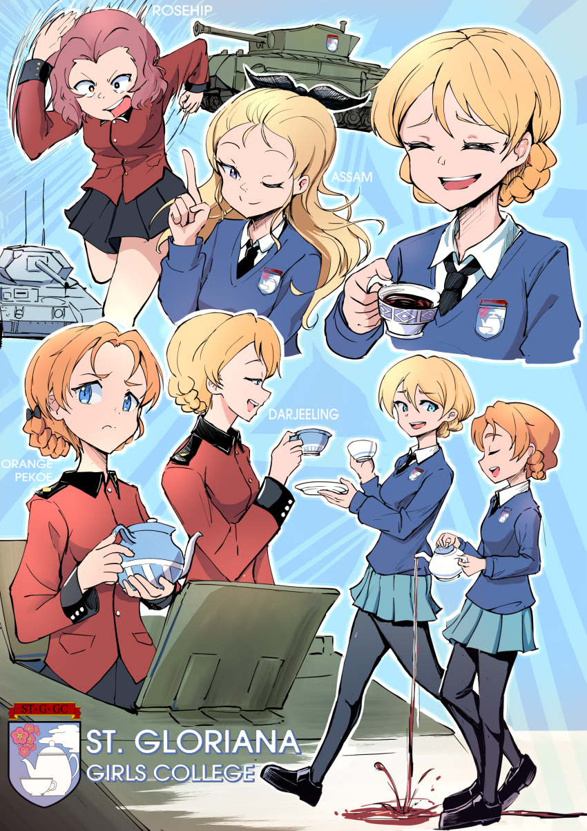 4girls absurdres aqua_eyes assam_(girls_und_panzer) blonde_hair blue_background blue_eyes breasts brown_eyes caterpillar_tracks churchill_(tank) commentary_request crusader_(tank) cup darjeeling_(girls_und_panzer) emblem english_text girls_und_panzer ground_vehicle highres laughing military military_vehicle motor_vehicle multiple_girls necktie nico_jiang one_eye_closed orange_pekoe_(girls_und_panzer) redhead rosehip_(girls_und_panzer) school_uniform skirt smile st._gloriana's_(emblem) st._gloriana's_military_uniform st._gloriana's_school_uniform tank tea teacup teapot thigh-highs violet_eyes