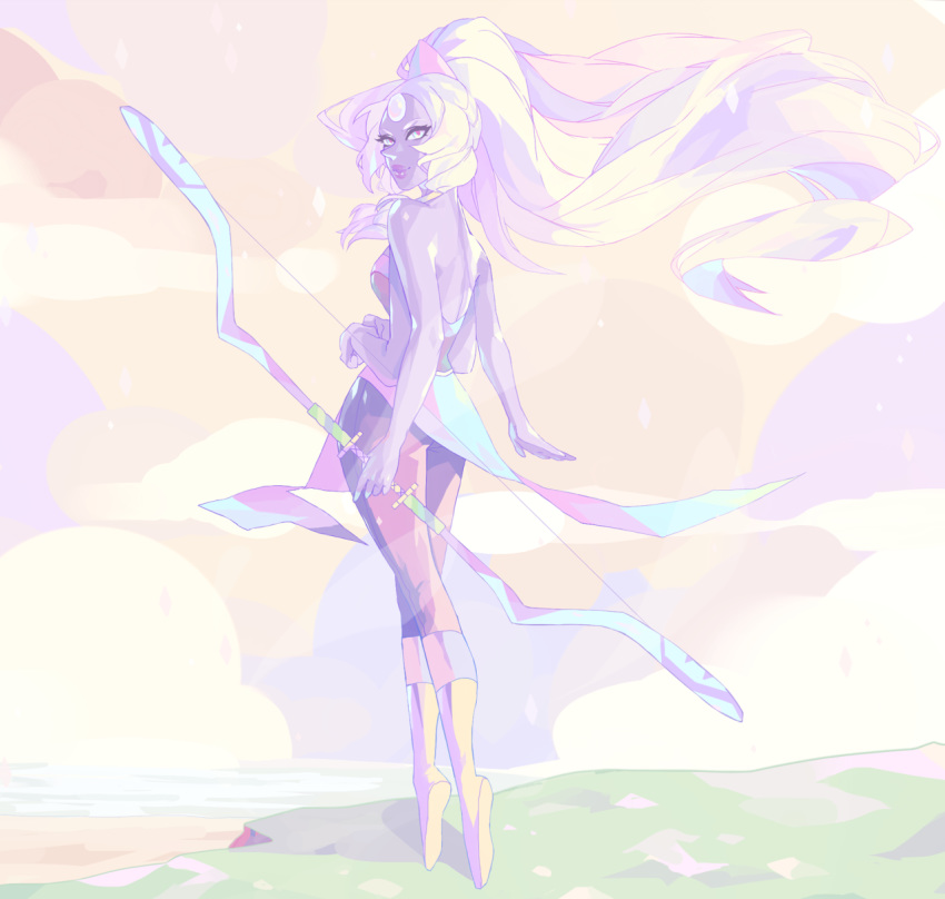 1girl bare_shoulders bow breasts cliff clouds four_arms gem giantess highres holding holding_weapon looking_back ocean opal_(steven_universe) purple_skin smile solo steven_universe vonnabeee weapon yellow_footwear