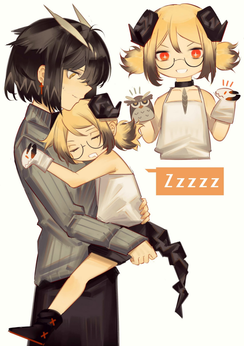 2girls absurdres arknights bangs bare_arms bare_shoulders bespectacled black_footwear black_hair black_skirt blonde_hair boots camisole commentary from_side glasses grey_sweater grin highres hug ifrit_(arknights) long_sleeves multiple_girls multiple_views no_eyewear profile ribbed_sweater rin_lingsong short_hair silence_(arknights) simple_background skirt smile sweater tail turtleneck turtleneck_sweater white_background yellow_eyes