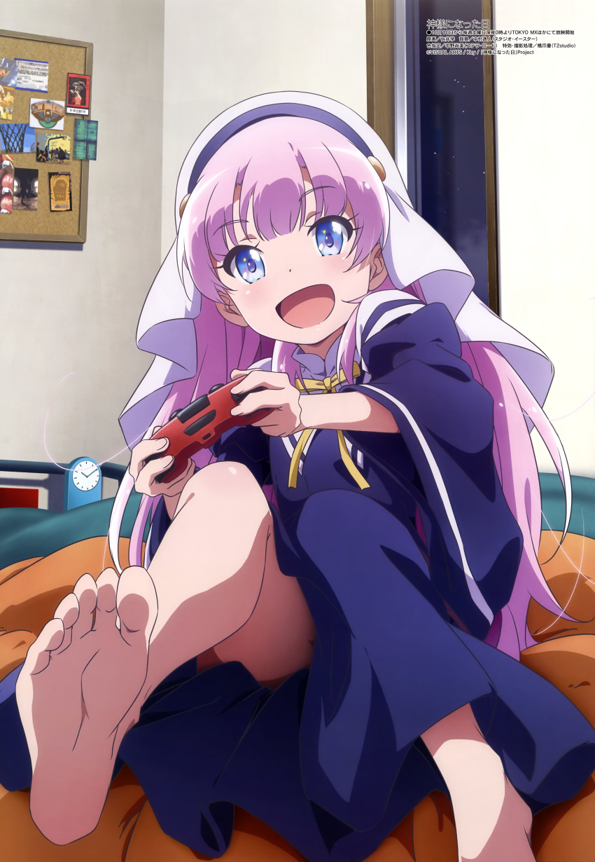 1girl :d absurdres alarm_clock bangs barefoot bed bed_sheet blue_dress blue_eyes blunt_bangs clock clouds controller dress eyebrows_visible_through_hair feet game_controller highres hina_(kamisama_ni_natta_hi) holding holding_controller indoors kamisama_ni_natta_hi long_hair megami neck_ribbon night nun official_art on_bed open_mouth photo_(object) pink_hair ribbon sitting sitting_on_bed smile solo star_(sky) veil wide_sleeves window yellow_ribbon