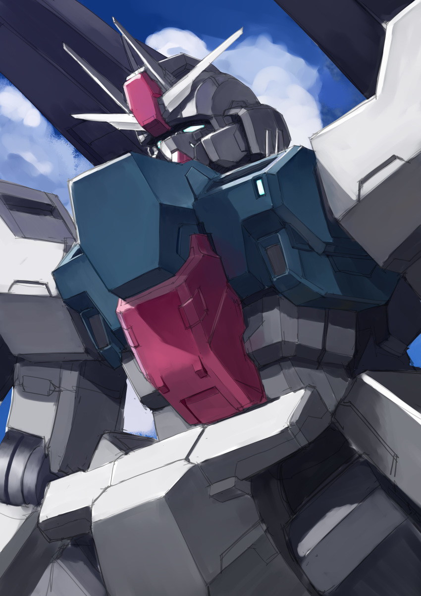 absurdres blue_eyes chinese_commentary close-up from_below glowing glowing_eyes gundam highres looking_up mecha mecha_request no_humans sky solo v-fin ztb0000