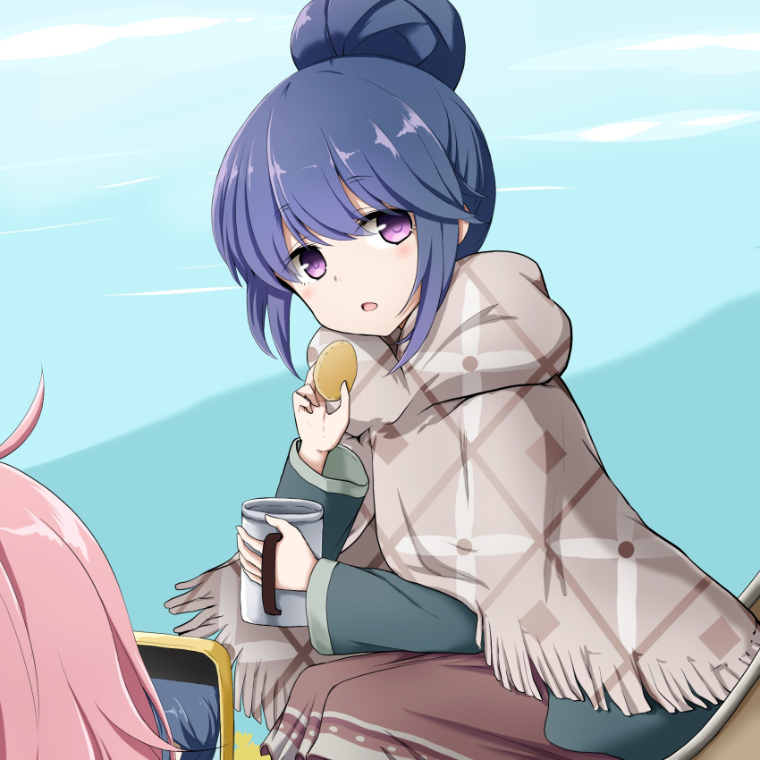 2girls bangs blue_hair blue_jacket blush brown_skirt cellphone commentary_request cup eyebrows_visible_through_hair food fringe_trim hair_between_eyes hair_bun hand_up highres holding holding_cup holding_food jacket kagamihara_nadeshiko kuena leaning_forward long_sleeves looking_at_viewer mug multiple_girls out_of_frame parted_lips phone pink_hair shima_rin sitting skirt solo_focus taking_picture violet_eyes yurucamp