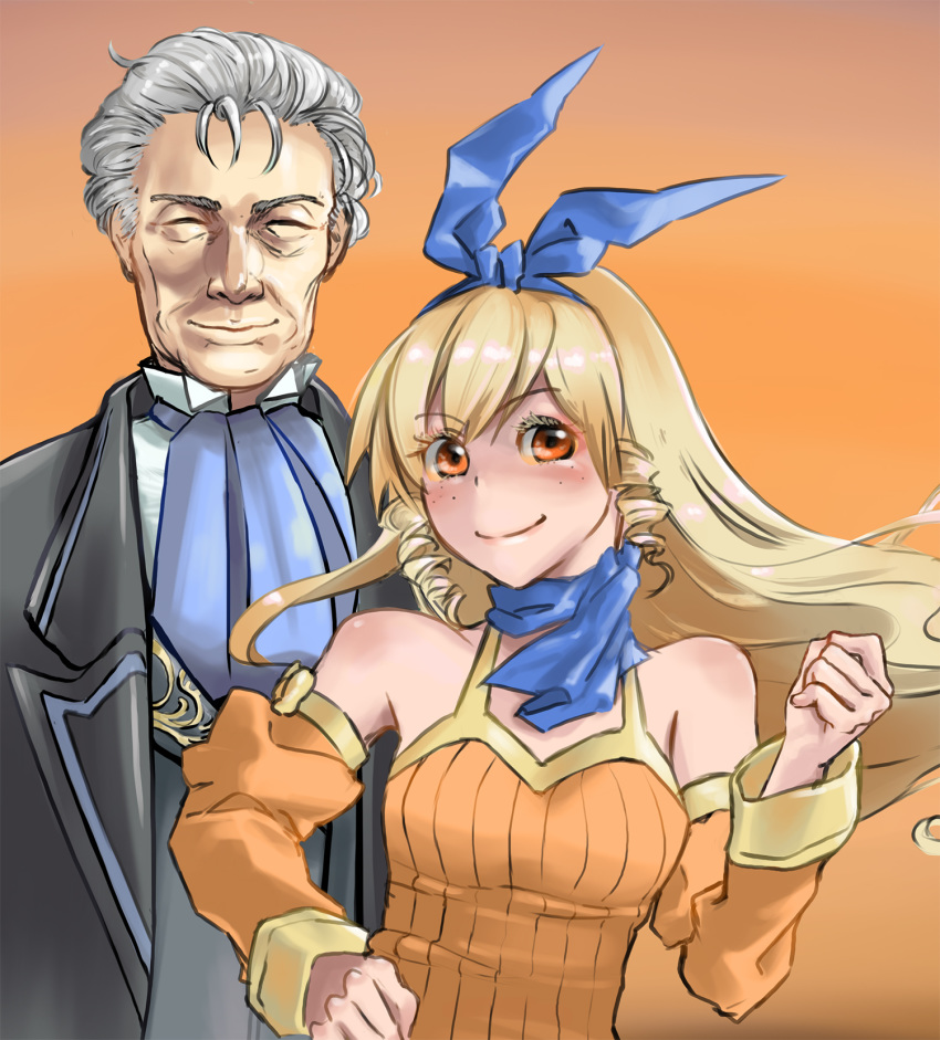 1girl blonde_hair blue_neckwear bow breasts brown_eyes detached_sleeves dress drill_hair hair_ribbon hairband highres jane_maxwell long_hair magdalen_harts orange_dress orange_sleeves ribbon sidelocks smile user_svkg3578 wild_arms wild_arms_1