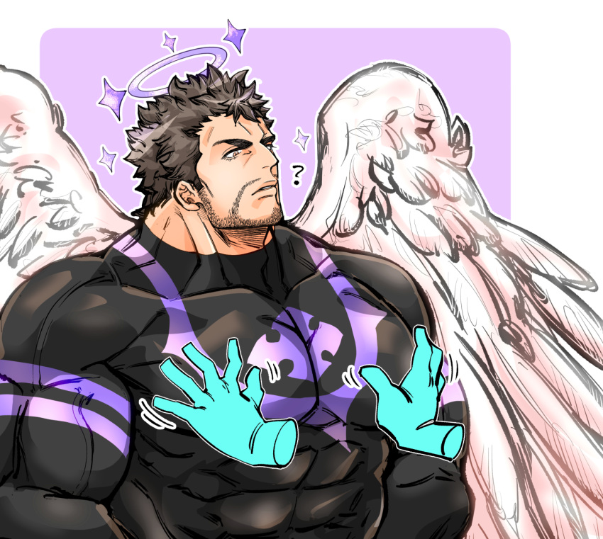 1boy 1other ? angel angel_wings bara beard black_bodysuit black_hair bodysuit chest covered_abs facial_hair feathered_wings grabbing groping groping_motion halo highres kizami_nori_to_yamaimo male_focus manly muscle nether_angel_(tokyo_houkago_summoners) pectoral_grab short_hair stubble tokyo_houkago_summoners upper_body wings
