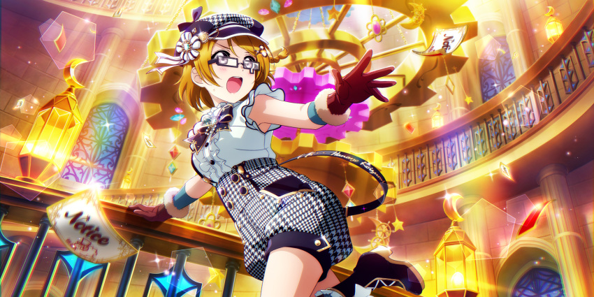 1girl alternate_costume artist_request bangs black-framed_eyewear blush boots bow breasts brown_hair character_name deerstalker detective frills fur-trimmed_gloves fur_trim glasses gloves hat high-waist_shorts highres indoors koizumi_hanayo lights love_live! love_live!_school_idol_festival_all_stars love_live!_school_idol_project official_art open_mouth outstretched_arm plaid running shirt shirt_tucked_in short_hair short_sleeves shorts solo stairs suspender_shorts suspenders sweat violet_eyes white_shirt window