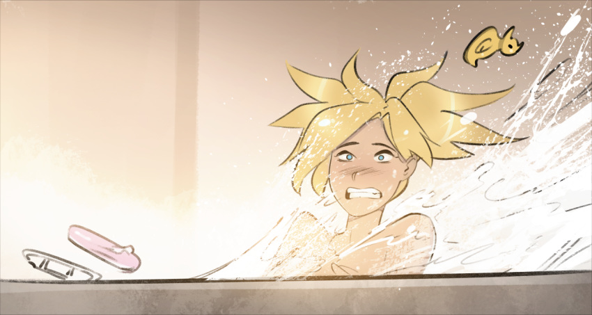 1girl bathing bathtub blonde_hair blue_eyes clenched_teeth commentary completely_nude constricted_pupils english_commentary i'm_not_at_the_beach_this_is_a_bathtub long_hair mercy_(overwatch) nude overwatch parody partially_submerged ponytail psuede solo teeth water