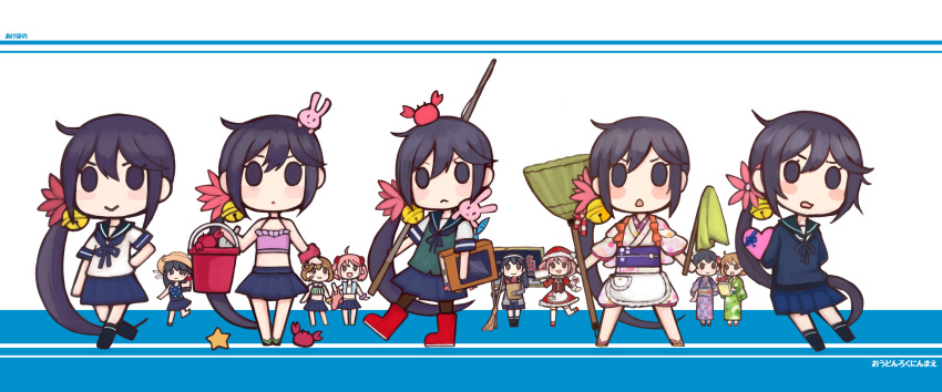 absurdres akebono_(kantai_collection) animal_on_head animal_on_shoulder arms_behind_back bell bikini black_legwear blue_sailor_collar blue_skirt blue_sweater boots broom bucket crab fishing_rod flower fuzino green_vest hair_bell hair_flower hair_ornament highres japanese_clothes jingle_bell kantai_collection kimono kneehighs long_hair looking_at_viewer oboro_(kantai_collection) on_head pink_bikini pink_kimono pleated_skirt purple_hair rabbit red_footwear rubber_boots sailor_collar sazanami_(kantai_collection) school_uniform serafuku short_sleeves side_ponytail skirt sleeves_rolled_up solo_focus sweater swimsuit tasuki translation_request two-tone_background ushio_(kantai_collection) variations very_long_hair vest violet_eyes white_background