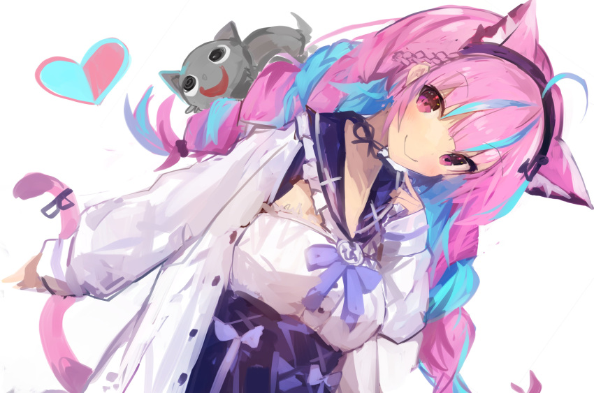 1girl absurdres ahoge anchor_symbol animal_ears aqua_hair bangs blunt_bangs blush braid breasts cat_ears cat_girl cat_tail eyebrows_visible_through_hair hairband heart high-waist_skirt highres hololive jacket kaamin_(mariarose753) long_hair long_sleeves minato_aqua multicolored_hair neko_(minato_aqua) pink_eyes pink_hair purple_skirt ribbon sailor_collar simple_background skirt smile tail tail_ribbon twin_braids virtual_youtuber white_background white_jacket