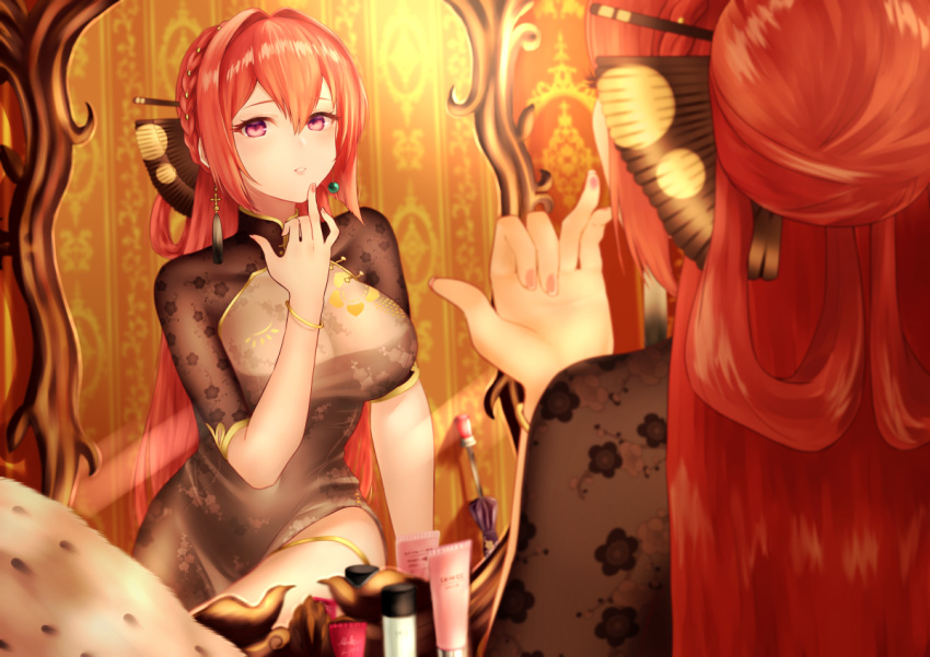 1girl azur_lane braid china_dress chinese_clothes crown_braid dress feather_boa hair_between_eyes impossible_clothes impossible_dress long_hair looking_at_mirror looking_at_viewer makeup mior mirror monarch_(azur_lane) monarch_(black_qipao)_(azur_lane) pink_nails redhead reflection solo taut_clothes very_long_hair violet_eyes
