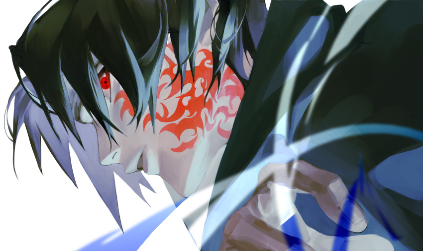 1boy absurdres black_hair duuwgo face facial_mark fingernails headband highres looking_at_viewer male_focus naruto_(series) parted_lips red_eyes sharingan simple_background solo uchiha_sasuke upper_body white_background
