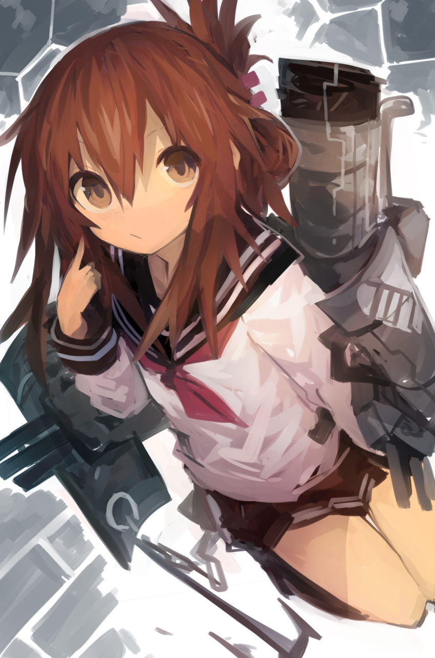 1girl absurdres black_sailor_collar black_skirt brown_eyes brown_hair closed_mouth folded_ponytail hair_between_eyes highres inazuma_(kantai_collection) kaamin_(mariarose753) kantai_collection long_sleeves neckerchief pleated_skirt pointing pointing_at_self ponytail red_neckwear rigging sailor_collar school_uniform serafuku simple_background skirt solo