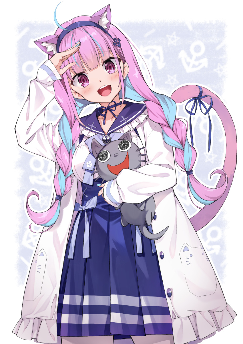 1girl :d ahoge animal_ears bangs blue_dress blue_hair blue_hairband blue_sailor_collar braid cat_ears cat_tail commentary_request dress eyebrows_visible_through_hair hairband hand_up highres holding holding_stuffed_toy hololive long_sleeves looking_at_viewer minato_aqua multicolored_hair neko_(minato_aqua) open_mouth pink_hair revision sailor_collar smile solo stuffed_animal stuffed_cat stuffed_toy tail takahashi_osamu twin_braids two-tone_hair virtual_youtuber