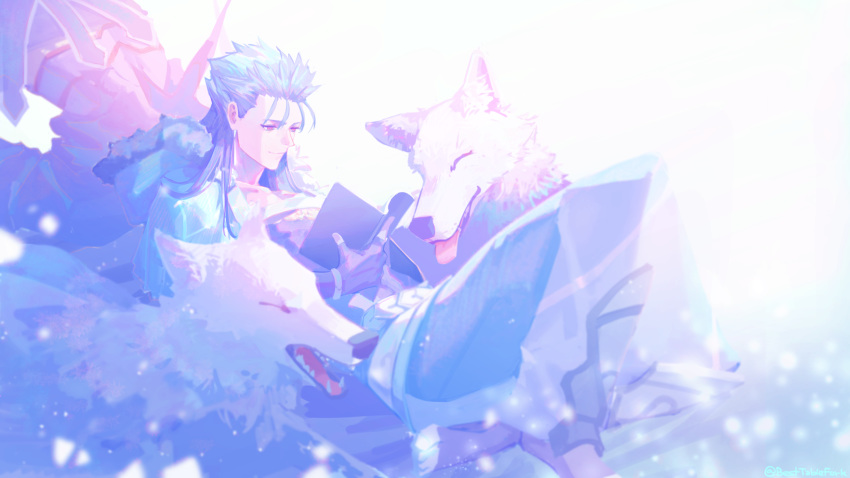 1boy animal belt blue_hair book capelet cu_chulainn_(fate)_(all) cu_chulainn_(fate/grand_order) dog earrings fate/grand_order fate_(series) fur fur-trimmed_hood fur_trim highres hood hood_down hooded_capelet jewelry leaning_back long_hair looking_down pants pastel_colors reading red_eyes simple_background sitting smile spiky_hair tablefork type-moon