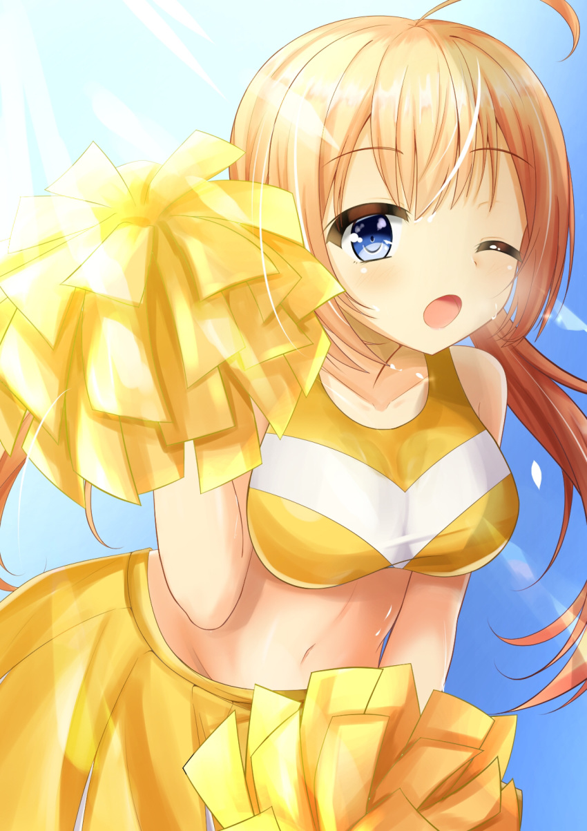 1girl blonde_hair blue_eyes blue_sky breasts cheerleader highres large_breasts light_rays long_hair looking_at_viewer midriff navel one_eye_closed original peraplus0112 pom_poms sky solo sunbeam sunlight twintails