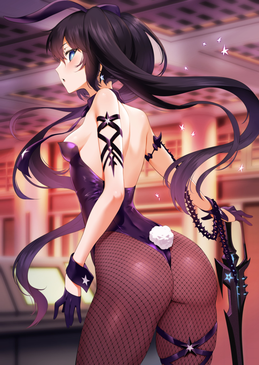 1girl animal_ears ass back bangs black_hair black_leotard black_rock_shooter black_rock_shooter_(character) blue_eyes blush breasts bunny_tail fake_animal_ears highleg highleg_leotard highres leotard long_hair looking_at_viewer m-da_s-tarou open_mouth rabbit_ears strapless strapless_leotard tail thighs twintails