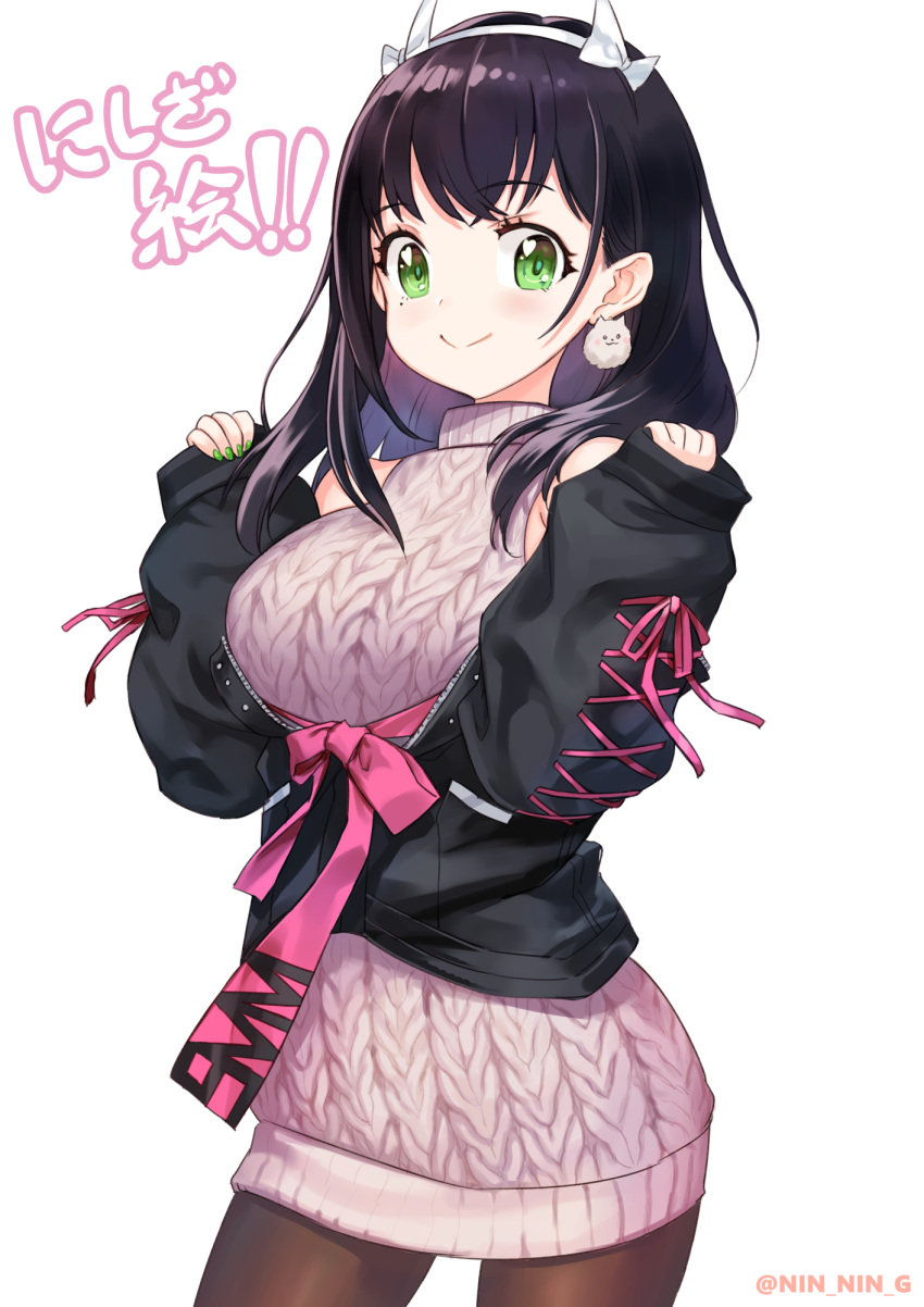 1girl black_hair blush breasts character_request closed_mouth earrings eyebrows_visible_through_hair green_eyes hairband highres jewelry long_sleeves looking_at_viewer nail_polish ninnin_(shishitou) ribbed_sweater ribbon simple_background smile solo standing sweater white_background
