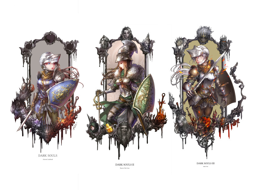 6+girls absurdres arm_at_side armor artorias_the_abysswalker bangs beard bearer_of_the_curse belt black_knight_(dark_souls) black_pants blonde_hair blue_eyes bonfire breastplate breasts broken broken_sword broken_weapon brown_belt brown_gloves brown_hair brown_pants character_name character_request chosen_undead closed_eyes commentary copyright_name cowboy_shot cropped_legs crown dark_souls dark_souls_ii dark_souls_iii dated embers emerald_herald estus_flask eye_mask facial_hair fire fire_keeper floating_hair flower from_side full_armor fur_trim gauntlets gloves glowing glowing_eyes greaves green_eyes grey_hair gwyn_lord_of_cinder helm helmet heterochromia highres holding holding_shield holding_sword holding_weapon hood hood_up jay_b_lee knight lips long_hair looking_at_viewer looking_glass_knight looking_to_the_side lorian_(elder_prince) lothric_(younger_prince) medium_breasts multiple_girls nameless_king nashandra pants pauldrons red_eyes sheath sheathed shield shoulder_armor simple_background soul_of_cinder souls_(from_software) standing sword thigh_strap velstadt_the_royal_aegis vendrick_(darksouls2) weapon weapon_request white_background yhorm_the_giant