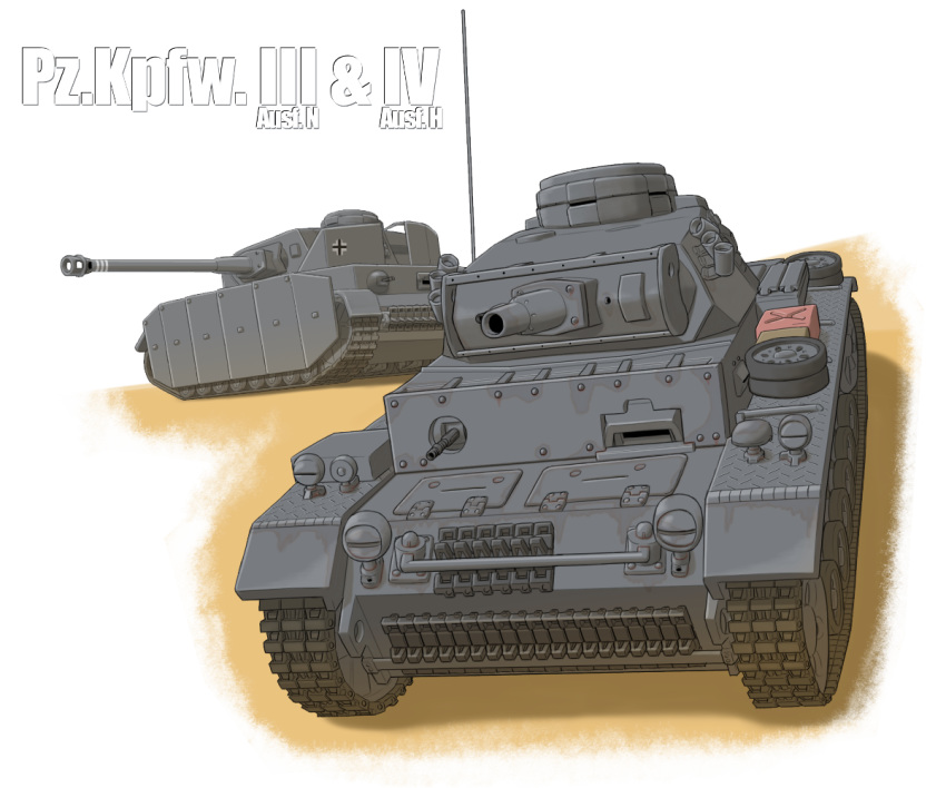 caterpillar_tracks commentary_request ground_vehicle iron_cross jerry_can military military_vehicle motor_vehicle no_humans original panzerkampfwagen_iii panzerkampfwagen_iv shiro_yukimichi tank white_background