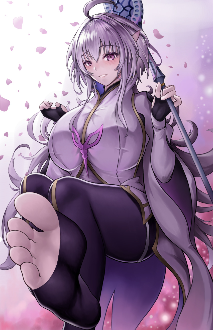 1girl absurdres ahoge bangs black_gloves black_pants breasts fate/grand_order fate/prototype fate_(series) feet fingerless_gloves foot_up gloves highres holding holding_staff large_breasts legs long_hair long_sleeves looking_at_viewer merlin_(fate/prototype) pants petals roina_(pixiv40428837) sitting smile soles staff toes very_long_hair violet_eyes white_hair white_robe wide_sleeves