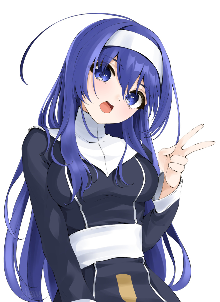 1girl ahoge black_dress blush breasts chaesu dress habit hairband head_tilt highres huge_ahoge looking_at_viewer medium_breasts open_mouth orie_(under_night_in-birth) solo under_night_in-birth upper_teeth v white_background white_hairband