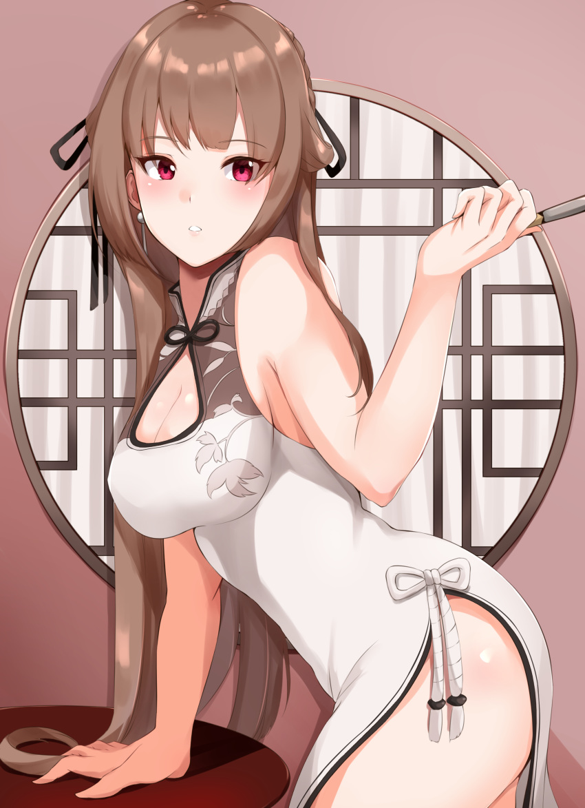 1girl absurdres azur_lane blush breasts brown_hair china_dress chinese_clothes chinese_new_year closed_mouth dress eyebrows_visible_through_hair fan hair_ribbon hand_on_table haneramu highres holding holding_fan long_hair looking_at_viewer medium_breasts ribbon solo swiftsure_(azur_lane) swiftsure_(pearlescent_beauty)_(azur_lane) thighs violet_eyes white_dress