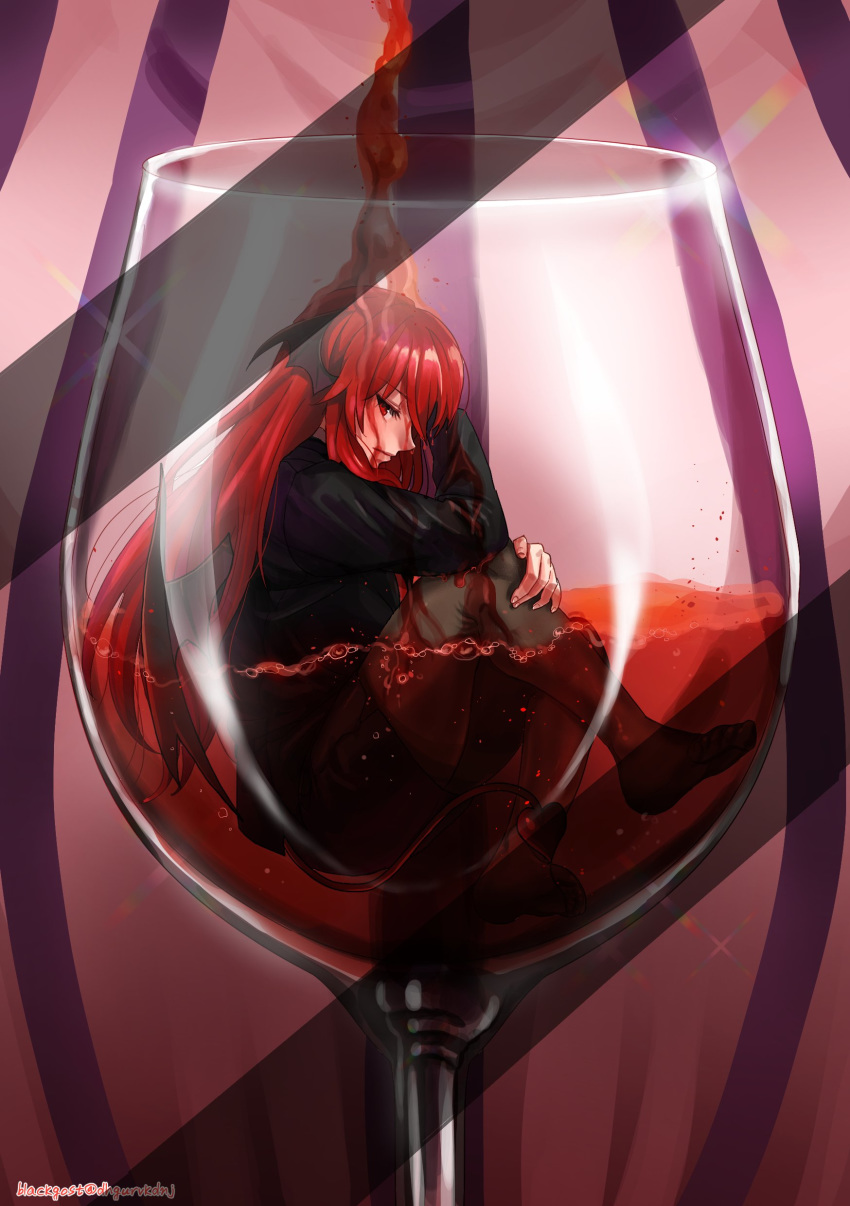 1girl absurdres air_bubble alcohol bangs black_jacket black_legwear black_skirt blazer bubble closed_mouth commentary_request commission cup demon_tail demon_wings drinking_glass elbow_rest expressionless eyelashes from_side full_body half-closed_eyes hand_on_own_leg hand_up head_wings highres in_container in_cup jacket koakuma korean_commentary kuya_(hey36253625) long_hair long_sleeves looking_at_viewer looking_to_the_side pantyhose partially_submerged pouring profile red_eyes redhead sidelocks sideways_glance sitting skirt solo sparkle tail touhou very_long_hair wine wine_glass wings