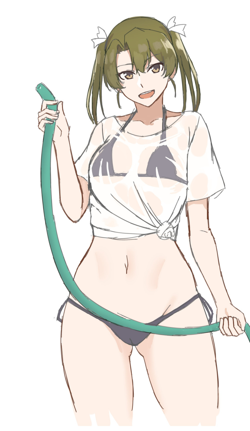1girl absurdres bikini black_bikini breasts cowboy_shot cropped_legs dark_green_hair green_eyes highres hose kantai_collection long_hair looking_at_viewer see-through shirt side-tie_bikini simple_background small_breasts solo standing swimsuit takaman_(gaffe) twintails wet wet_clothes wet_shirt wet_t-shirt white_background zuikaku_(kancolle)