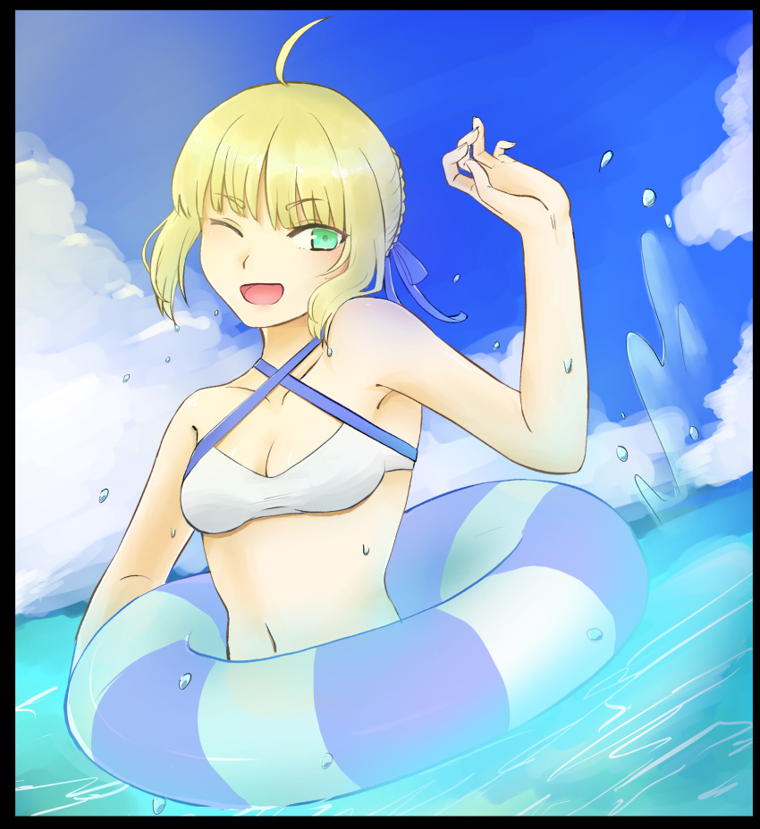 1girl ahoge artoria_pendragon_(all) beach bikini bikini_top blonde_hair braid clouds cute emiya-san_chi_no_kyou_no_gohan fate/hollow_ataraxia fate/stay_night fate_(series) green_eyes happy innertube long_hair navel ocean outdoors saber sky solo splash splashing sumi_kakuyo summer swimming swimsuit type-moon ufotable water wet white_bikini wink