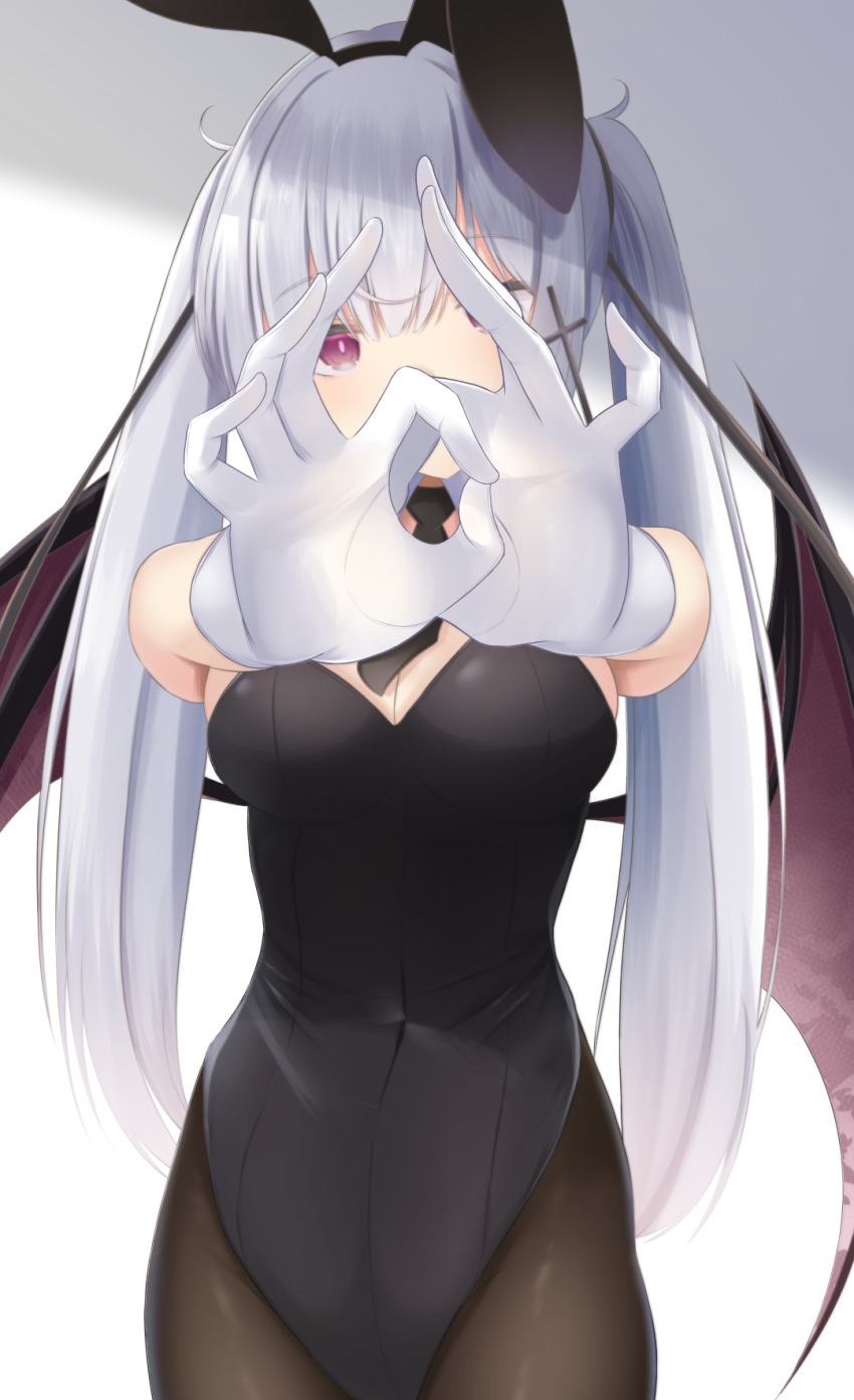 1girl animal_ears bangs bare_shoulders black_legwear black_leotard breasts bunnysuit demon_girl detached_collar doyachii elbow_gloves gloves hair_ornament hands_up highres leotard long_hair looking_at_viewer medium_breasts original pantyhose rabbit_ears solo white_gloves x_hair_ornament