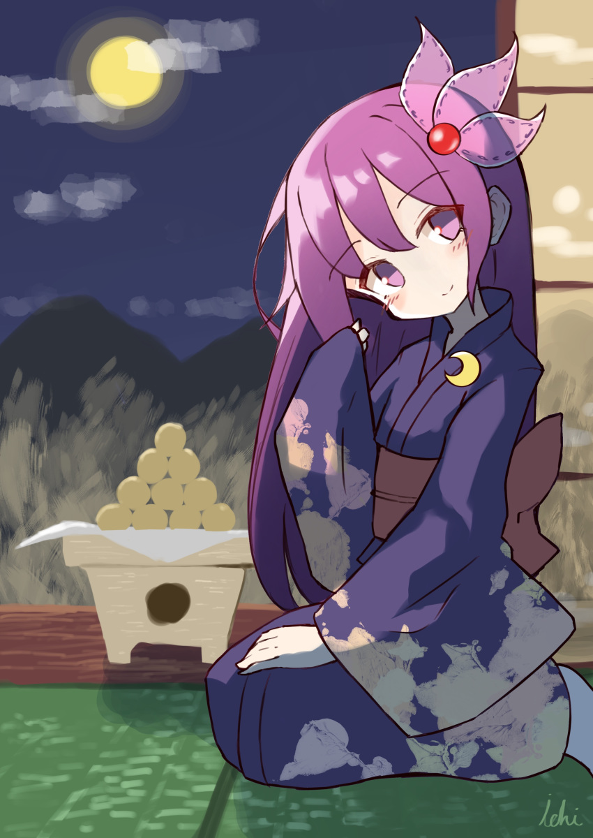 1girl absurdres artist_name bangs blue_kimono blush closed_mouth commentary_request crescent crescent_moon_pin dango eyebrows_visible_through_hair floral_print food full_moon hair_between_eyes hair_ornament hand_up head_tilt highres ichi japanese_clothes kantai_collection kimono kisaragi_(kantai_collection) long_hair long_sleeves looking_at_viewer moon night obi outdoors print_kimono purple_hair sash seiza signature sitting sleeves_past_wrists smile socks solo very_long_hair violet_eyes wagashi white_legwear wide_sleeves