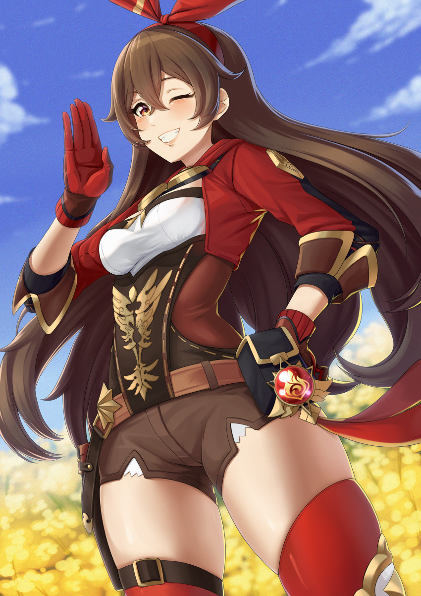 1girl ;d absurdres amber_(genshin_impact) blush breasts brown_eyes brown_hair brown_shorts cowboy_shot fang genshin_impact gloves goggles goggles_on_head hair_ornament hair_ribbon hand_on_hip highres long_hair looking_at_viewer one_eye_closed open_mouth pouch raemn_(raemn2d) ribbon shorts smile solo teeth thigh-highs thighs waving