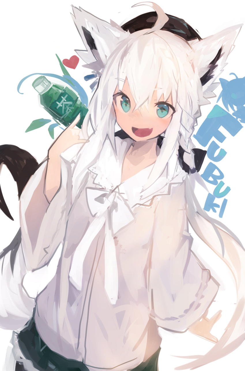 1girl \n/ absurdres ahoge animal_ears bangs beret black_headwear black_skirt blouse blue_eyes bottle braid character_name eyebrows_visible_through_hair fang fox_ears fox_girl fox_tail hat heart highres hololive kaamin_(mariarose753) long_hair long_sleeves open_mouth shirakami_fubuki side_braid sidelocks skin_fang skirt solo tail tea virtual_youtuber white_background white_hair wide_sleeves