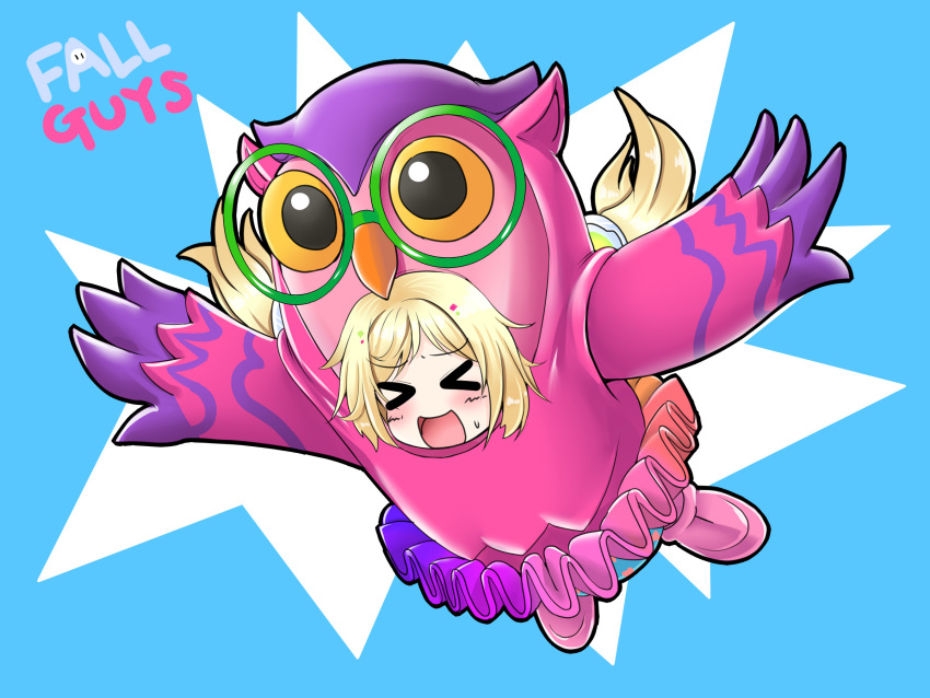 &gt;_&lt; 1girl :d aki_rosenthal bangs beak blonde_hair blue_background blush chibi closed_eyes commentary_request copyright_name cosplay detached_hair eyebrows_visible_through_hair fall_guy fall_guy_(cosplay) full_body glasses green-framed_eyewear highres hololive midair multicolored multicolored_clothes multicolored_skirt open_mouth outstretched_arms owl_costume pink_footwear ponytail rainbow_skirt round_eyewear ruuru_(fruule) shoes simple_background skirt smile solo sweatdrop tutu virtual_youtuber yellow_sclera