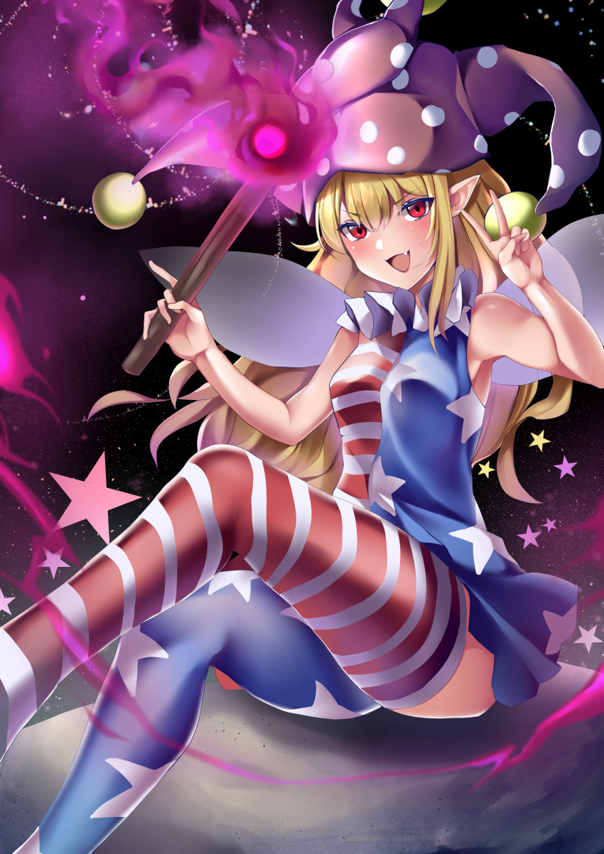 1girl absurdres american_flag american_flag_dress american_flag_print asymmetrical_legwear bangs bare_legs bare_shoulders blonde_hair blush clownpiece commentary_request dress fairy_wings fang feet_out_of_frame flag_print hair_between_eyes hat highres holding huge_filesize jester_cap koizumo long_hair looking_at_viewer neck_ruff pointy_ears polka_dot red_eyes sidelocks sitting sky sleeveless sleeveless_dress solo star_(sky) star_(symbol) star_print starry_sky striped striped_legwear thigh-highs torch touhou v v-shaped_eyebrows very_long_hair wings