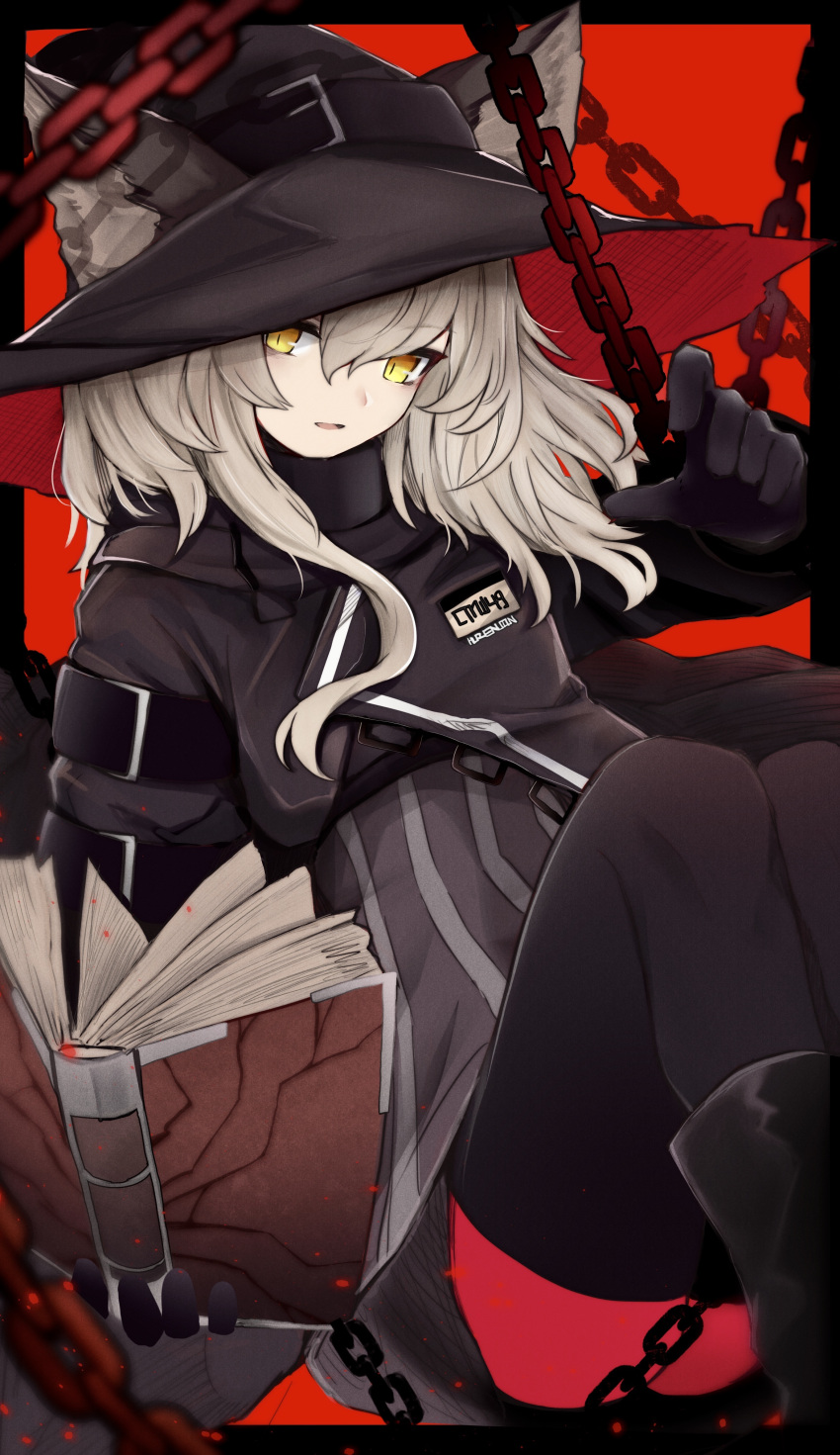 1girl absurdres animal_ears arknights black_footwear black_gloves black_headwear black_legwear black_shirt book boots cat_ears chain commentary elite_ii_(arknights) feet_out_of_frame gloves hand_up hat haze_(arknights) highres holding holding_book knees_up long_hair looking_at_viewer open_mouth pantyhose red_legwear red_neckwear sasahara_(shou_goi) shirt sitting solo thigh-highs witch_hat yellow_eyes