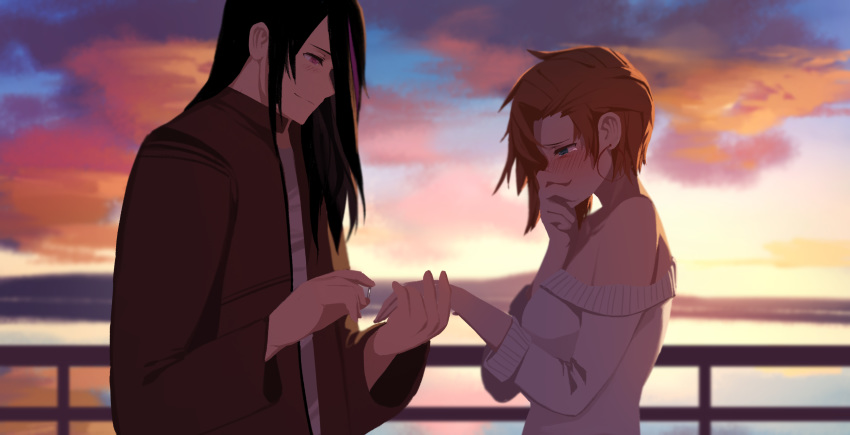 1boy 1girl absurdres blush clouds coat couple covering_mouth crying dishwasher1910 highres jewelry lie_ren long_hair nora_valkyrie orange_hair pink_eyes proposal ring rwby short_hair sky smile tears wedding_ring