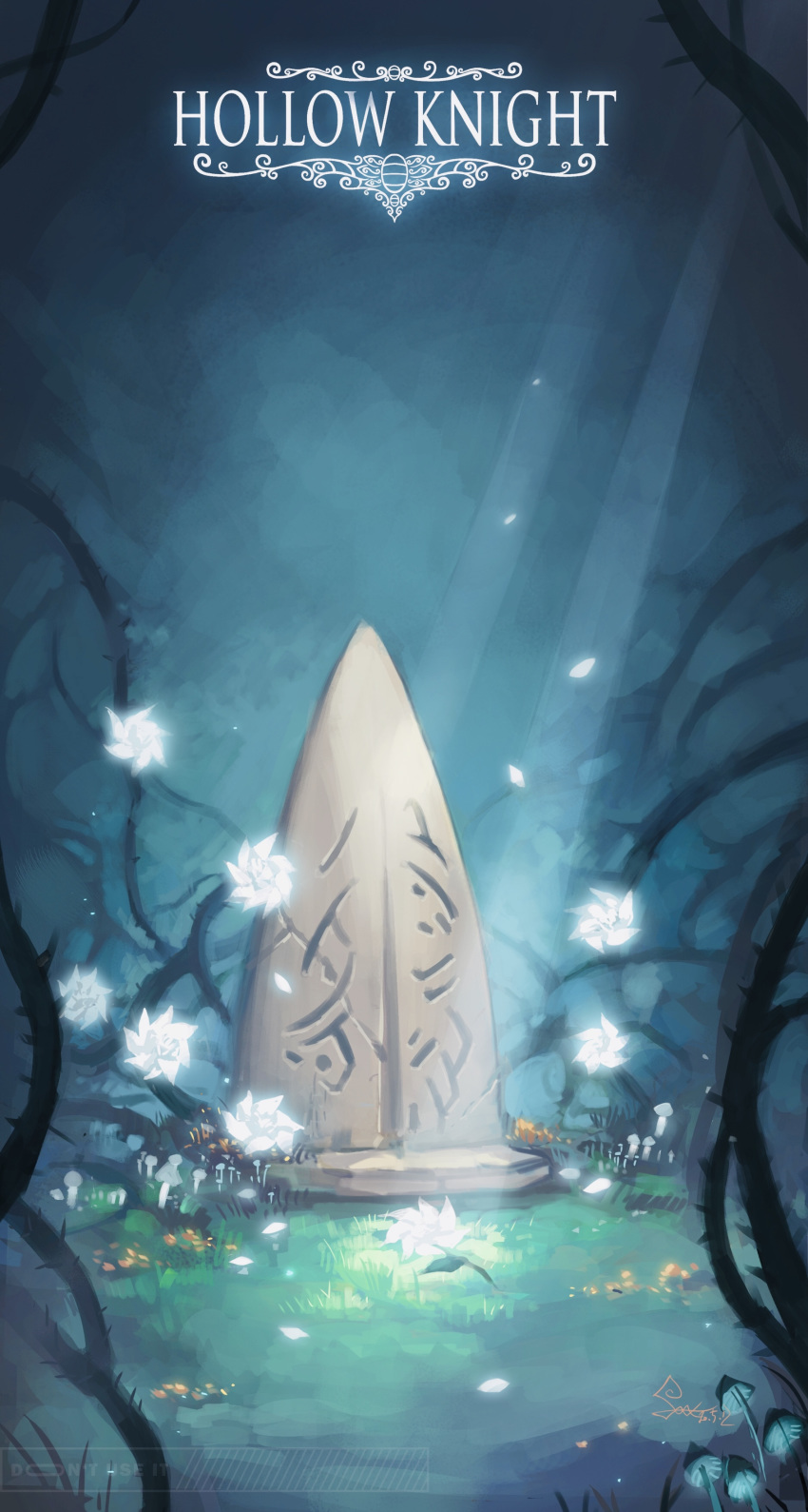 absurdres copyright_name crack flower highres hollow_knight light_rays mushroom no_humans petals plant scenery signature spade-m thorns tombstone vines white_flower yellow_flower