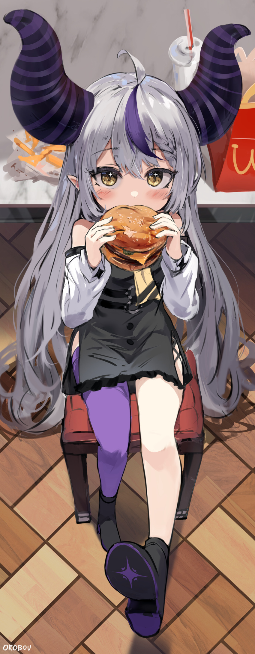 1girl absurdly_long_hair absurdres ahoge artist_name bangs bare_shoulders black_dress black_footwear blush boots burger chair demon_girl demon_horns detached_sleeves dress eating eyebrows_visible_through_hair food french_fries full_body hair_between_eyes highres holding holding_food hololive holox horns indoors la+_darknesss long_hair long_sleeves looking_at_viewer multicolored_hair orobou pointy_ears purple_hair purple_legwear shoes silver_hair single_thighhigh sitting solo streaked_hair striped_horns table thigh-highs tile_floor tiles two-tone_hair very_long_hair virtual_youtuber wcdonalds yellow_eyes