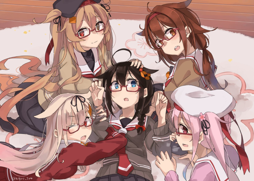 5girls ahoge beret bespectacled black_hair black_ribbon blue_eyes blush braid brown_eyes carpet commentary_request fang floral_print glasses hair_flaps hair_ornament hair_ribbon hairband harusame_(kantai_collection) hat heterochromia kantai_collection light_brown_hair long_hair long_sleeves looking_at_viewer lying multiple_girls murasame_(kantai_collection) necktie on_back one_eye_closed one_side_up open_mouth pink_eyes pink_hair red-framed_eyewear red_eyes red_neckwear remodel_(kantai_collection) ribbon sailor_collar school_uniform shigure_(kantai_collection) shiratsuyu_(kantai_collection) single_braid smile sugue_tettou twitter_username wooden_floor yuudachi_(kantai_collection)