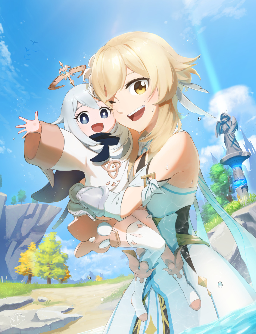 2girls absurdres bare_shoulders blonde_hair blue_sky carrying clouds day dress female_traveler_(genshin_impact) genshin_impact grass highres hug huge_filesize long_sleeves multiple_girls one_eye_closed open_mouth outdoors paimon_(genshin_impact) sky sleeveless sleeveless_dress smile statue thigh-highs thinny062541 tree vambraces wet white_dress white_hair wide_sleeves yellow_eyes
